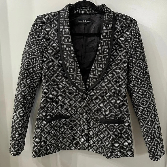 Nanette Lepore Satin Tipped Tuxedo Smoking Jacket Blazer Black White Size 4 - Picture 1 of 7